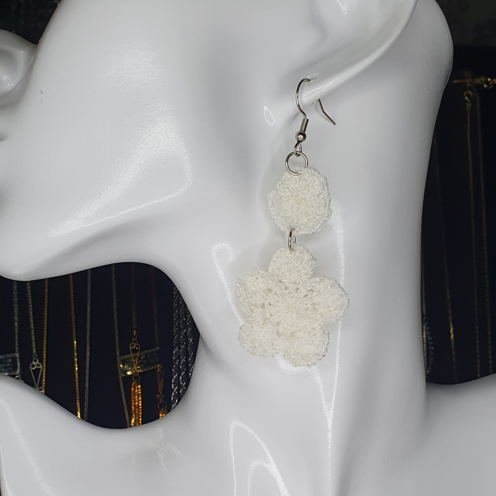 White crochet flower earrings with stainless steel hook and jump rings